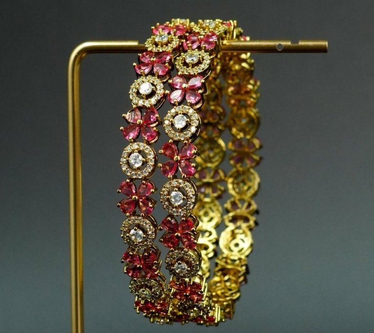 Pink Crystal floral bangles with ruby-pink flower motifs