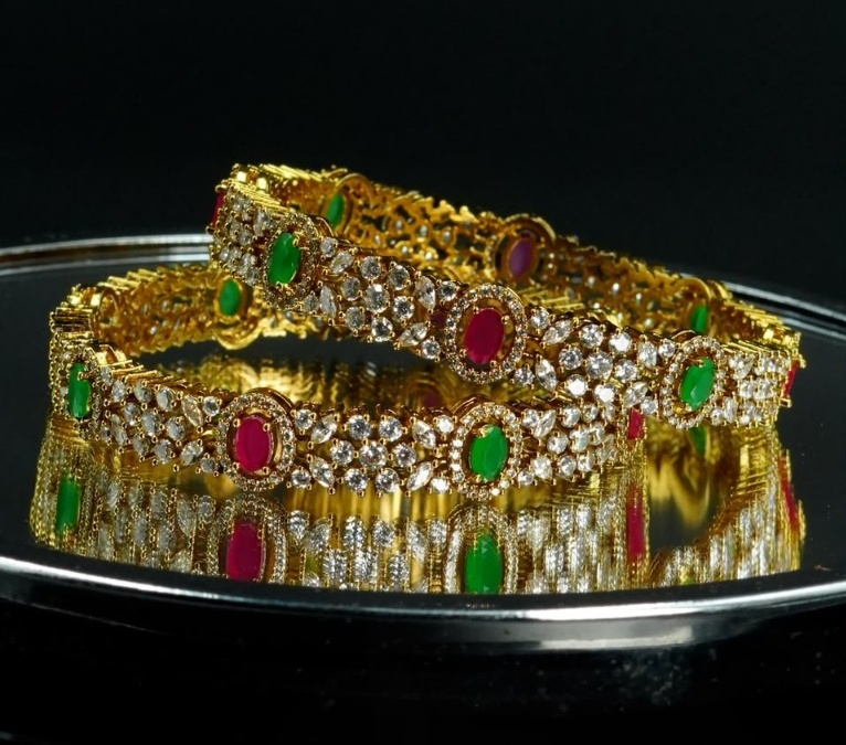 Sparkly Aura handcrafted crystal bangles with emerald and ruby cabochons