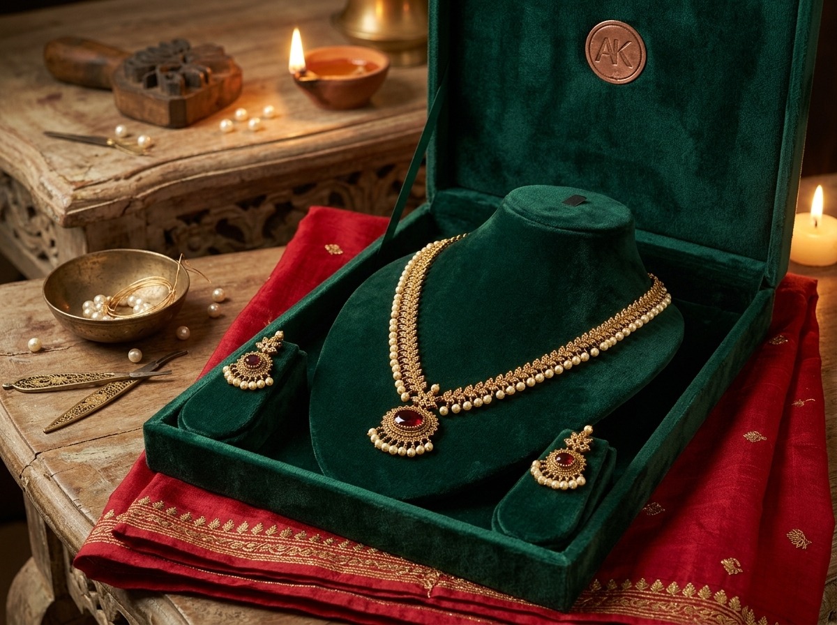 Artisanal Okkaay Kanmani handcrafted jewellery in emerald velvet presentation case