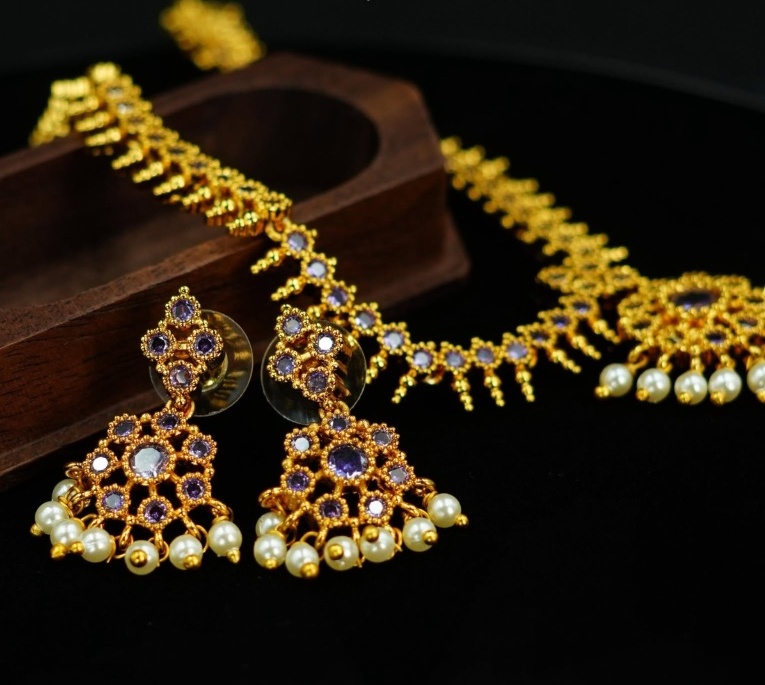 Lavender Legacy South Indian necklace set with purple gemstones and pearl drops