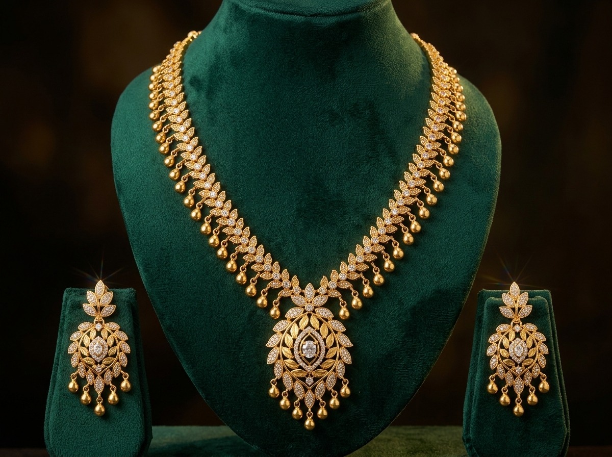 Ambika leaf motif gold necklace set with stones and matching chandelier earrings