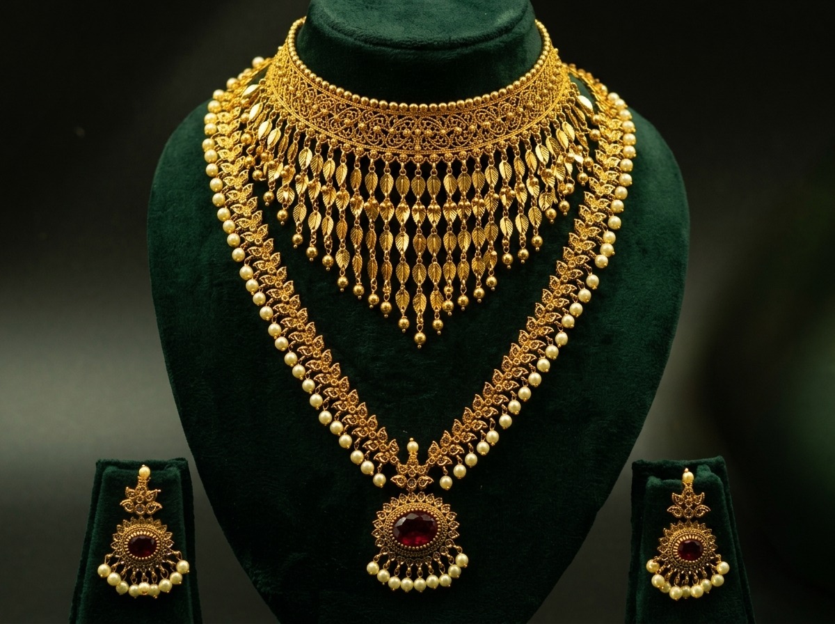 Traditional Kerala Elakkathali gold choker necklace on emerald velvet bust